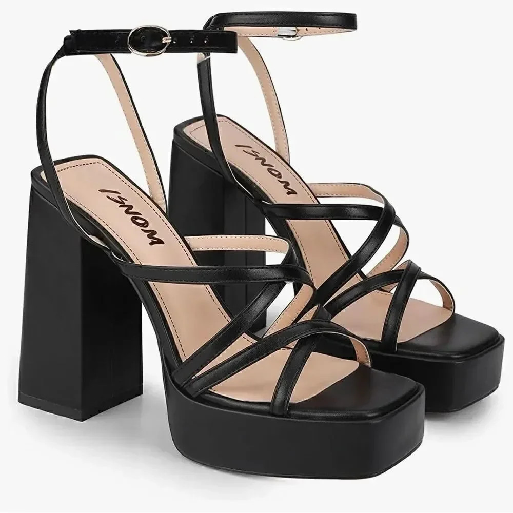 ISNOM Platform Chunky Block Heel Sandals with Open Square Toe size 7